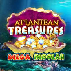 Atlantean Treasures Mega Moolah logo, a shell filled with coins