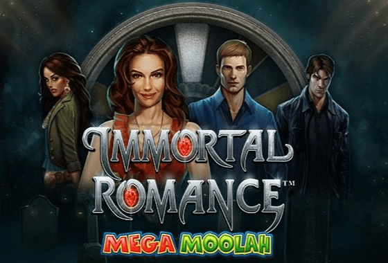 Immortal Romance Mega Moolah logo with four characters