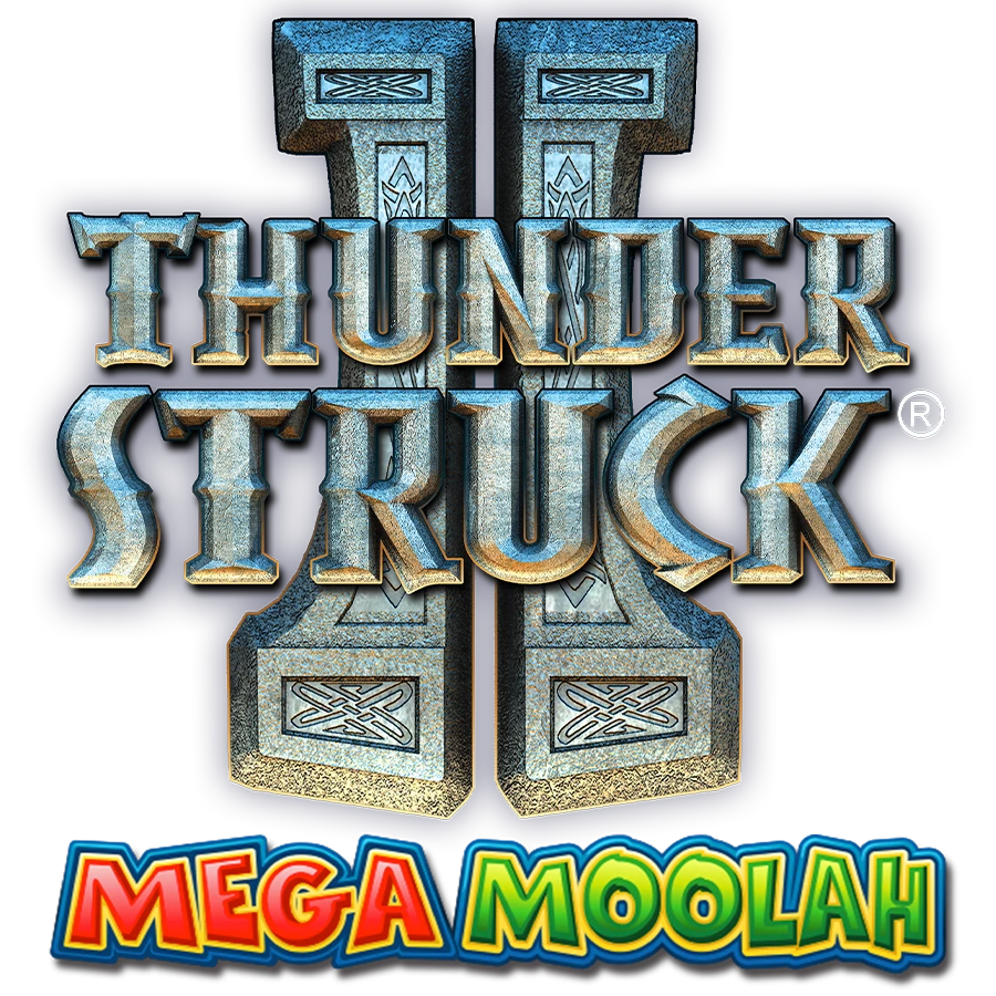 Thunderstruck II Mega Moolah logo, stone letters over two hammers